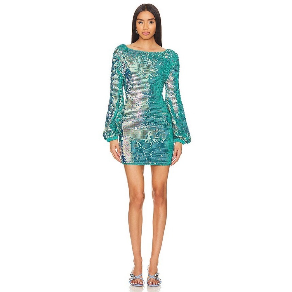 Retrofête Teal Sequin Crochet Mini Dress Open Back Iridescent Green M/L